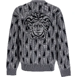 Grey cardigan with Medusa print on the back in wool and cashmere blend men