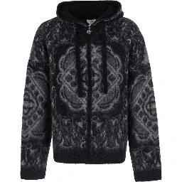 CARPET MOHAIR HOODIE with hood and long sleeves in wool, alpaca and fabric in black for men