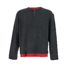 HAIRY HENLEY NECK LAYERED T-SHIRT is a long-sleeve t-shirt with a polo collar and gray unisex