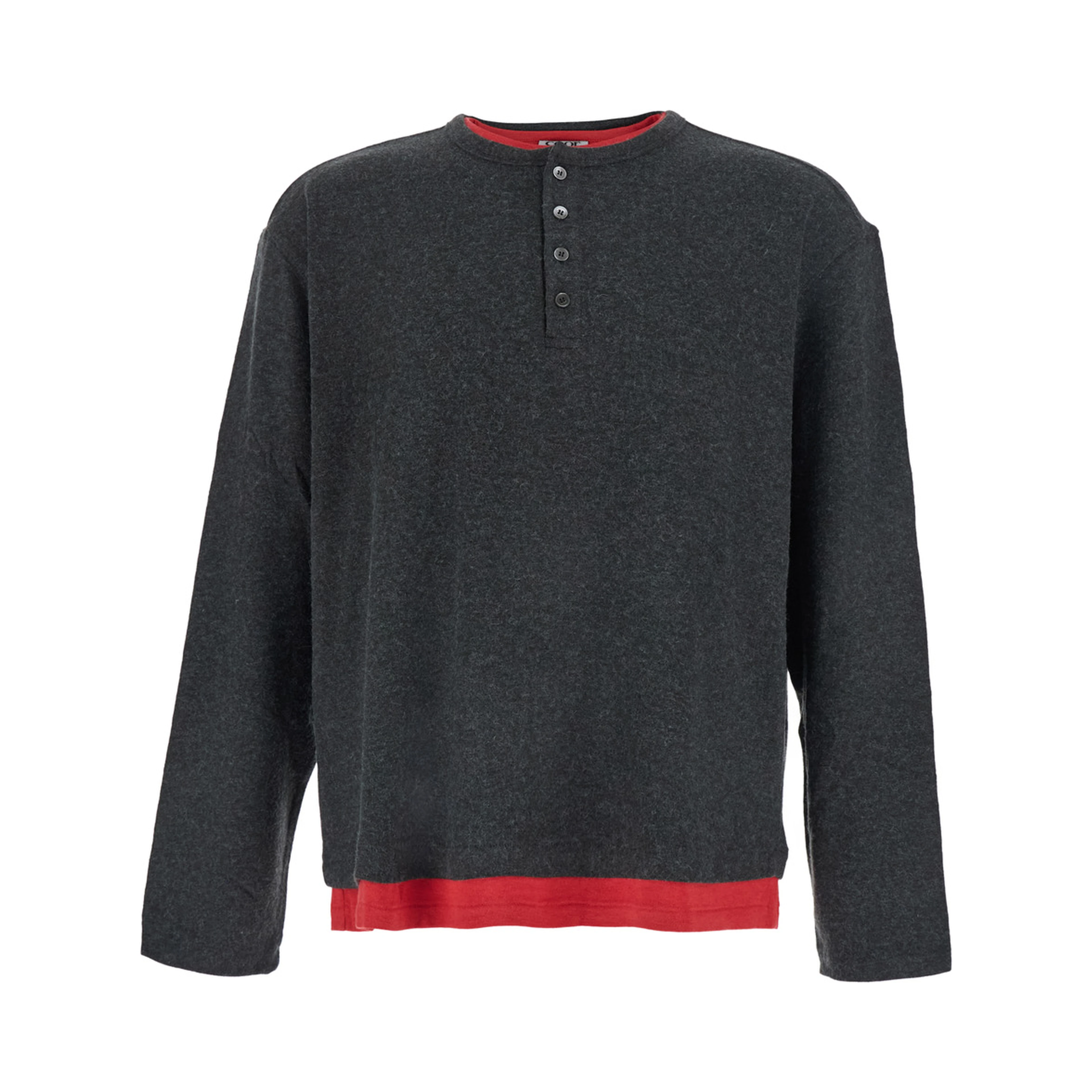 HAIRY HENLEY NECK LAYERED T-SHIRT is a long-sleeve t-shirt with a polo collar and gray unisex