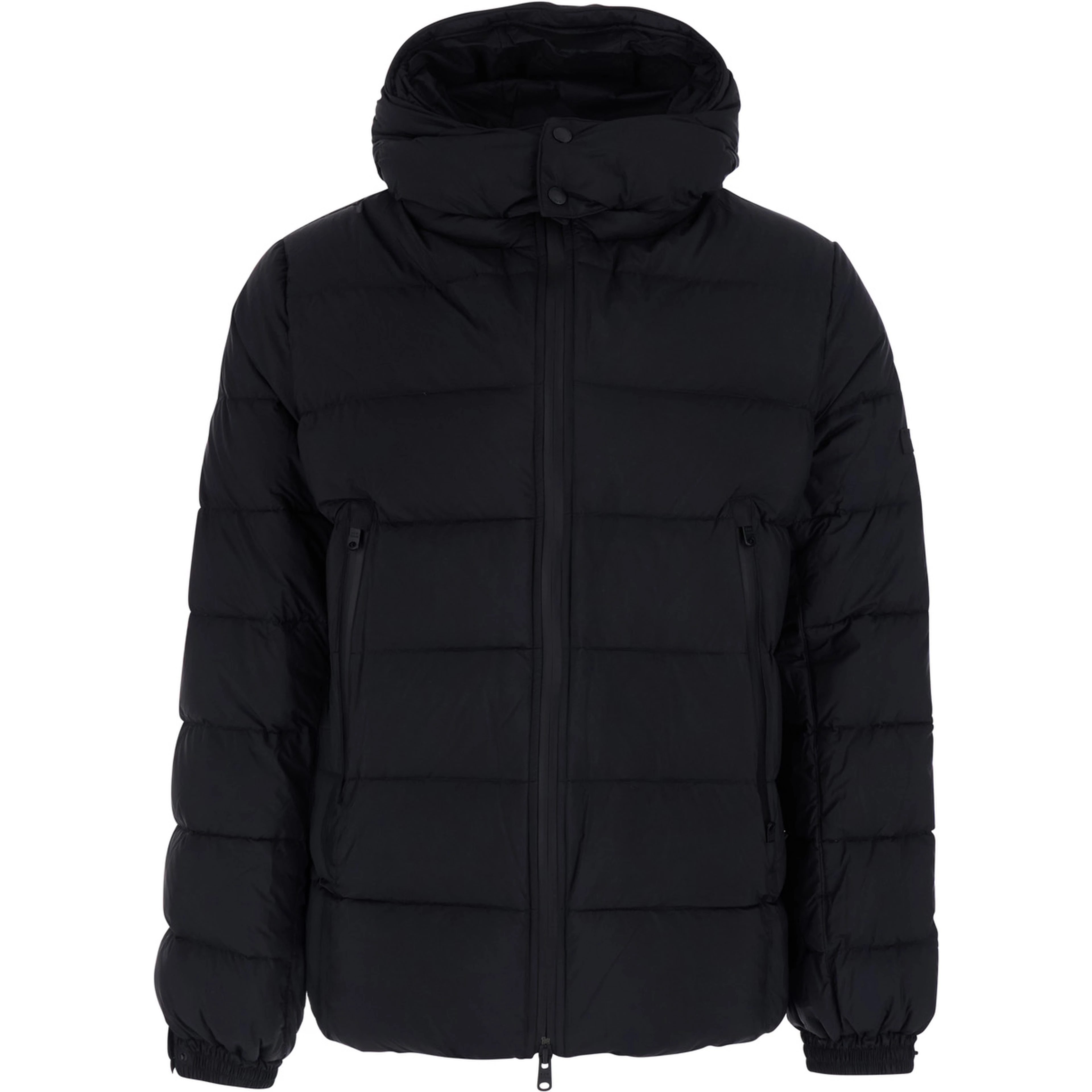 Borbore Black Down jacket with removable hood and logo patch on the sleeve in Tech Fabric for men