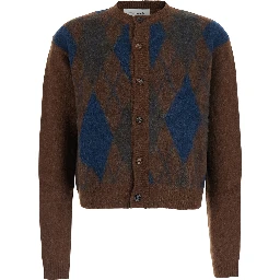 BRUSHED ARGYLE CARDIGAN with V-neck and long sleeves in Acrylic Nylon Alpaca and Wool in Brown unisex