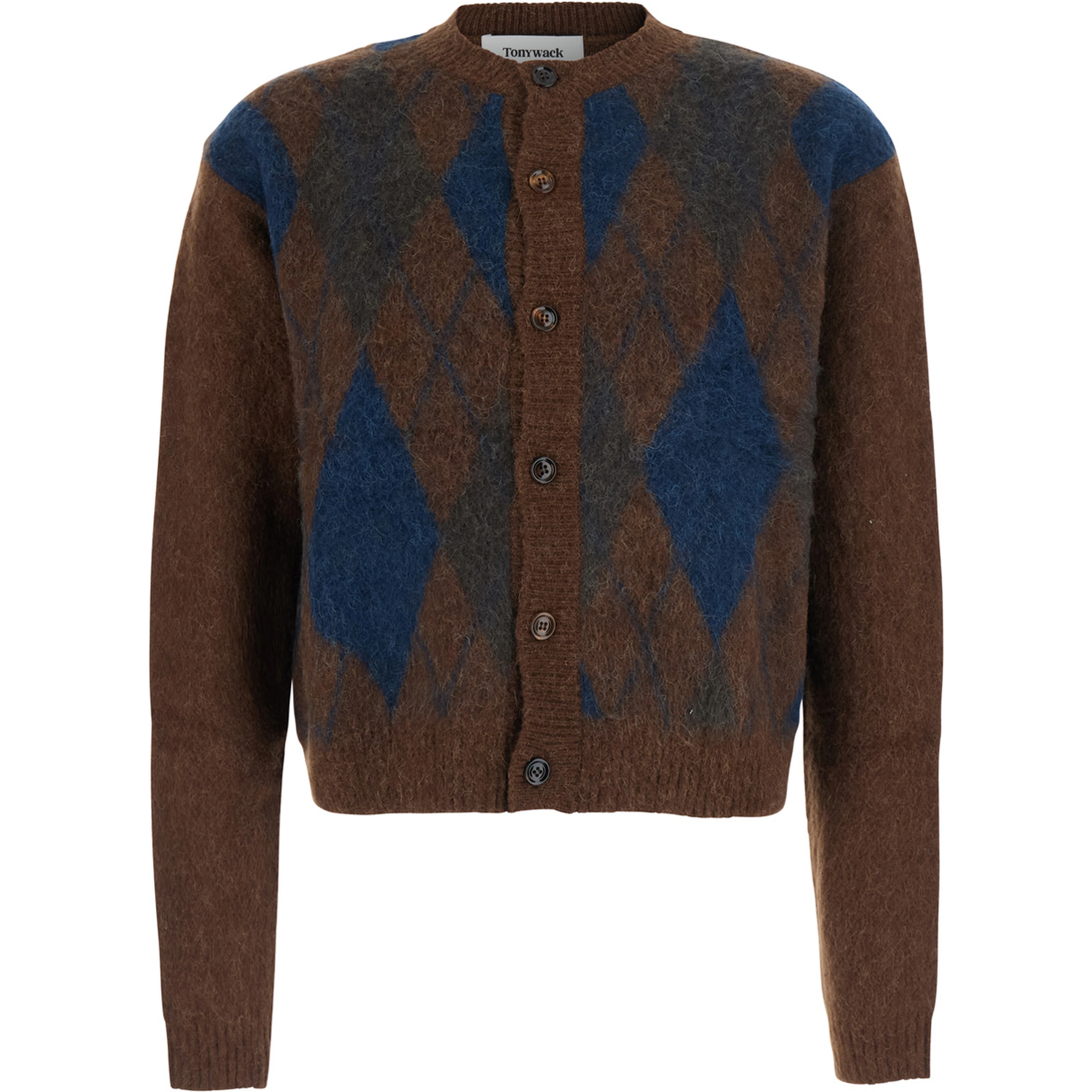 BRUSHED ARGYLE CARDIGAN with V-neck and long sleeves in Acrylic Nylon Alpaca and Wool in Brown unisex