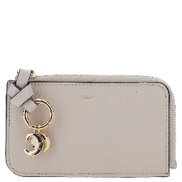 Wallet with Logo Charm on the Front and Top Zip Closure in Grey Hammered Leather for Women