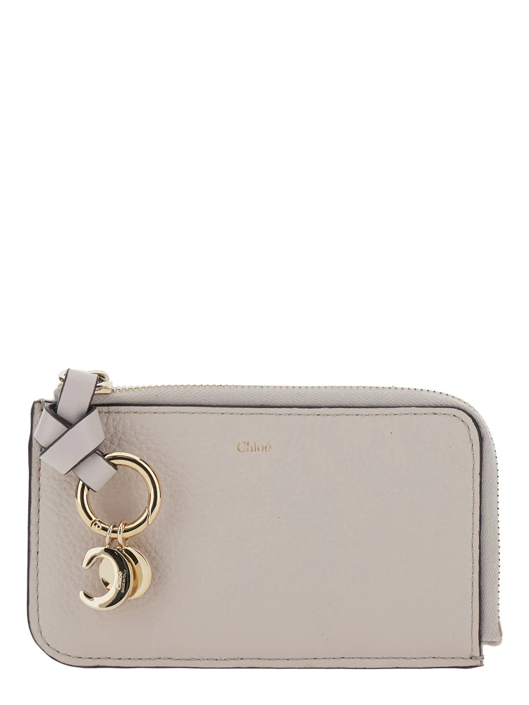 Wallet with Logo Charm on the Front and Top Zip Closure in Grey Hammered Leather for Women