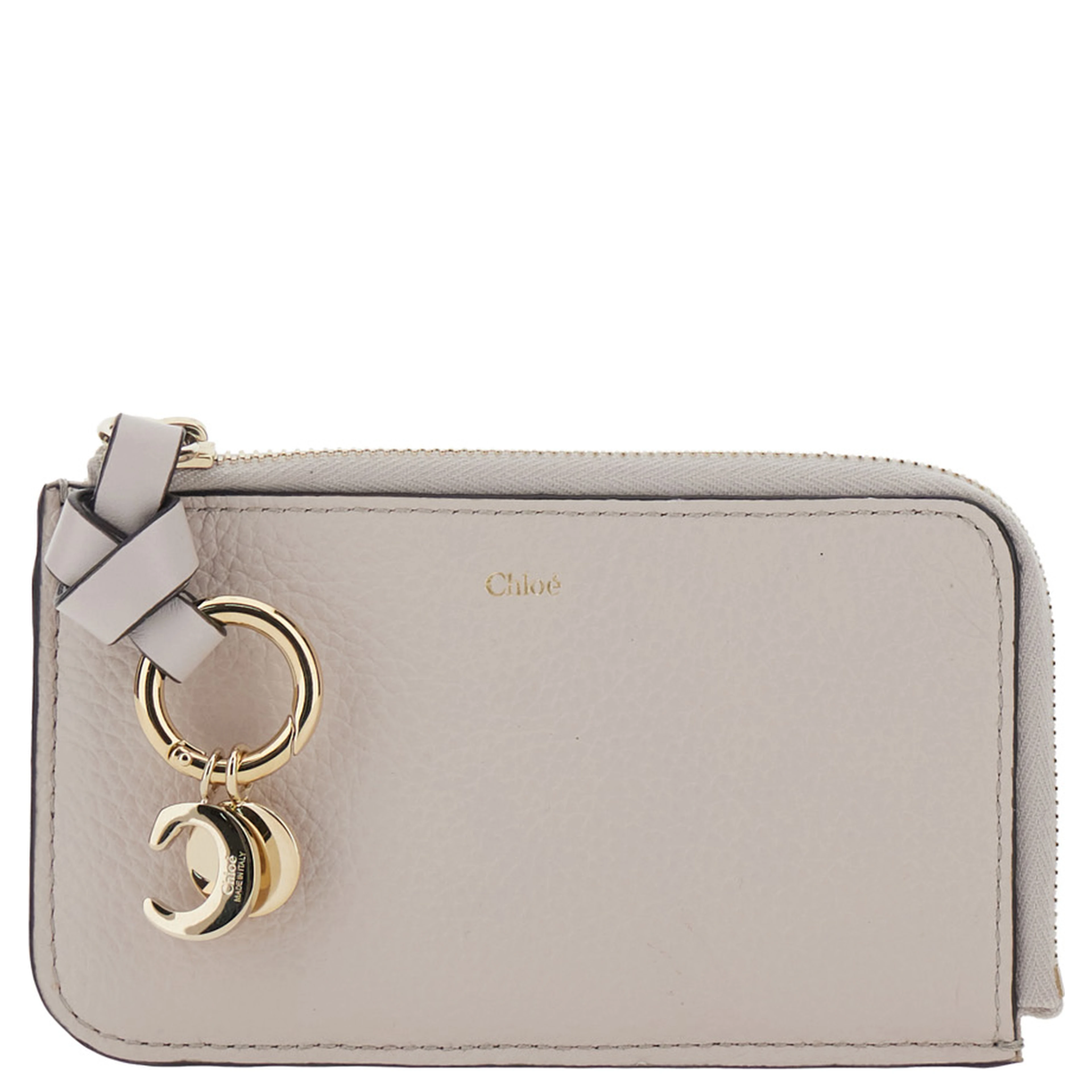 Wallet with Logo Charm on the Front and Top Zip Closure in Grey Hammered Leather for Women