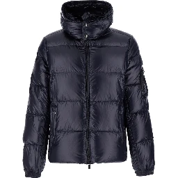 Belbo Blue Down jacket with removable hood and logo patch on the sleeve in tech fabric for men