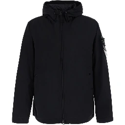 Black Jacket with hood and logo patch on the sleeve in Tech Fabric for men