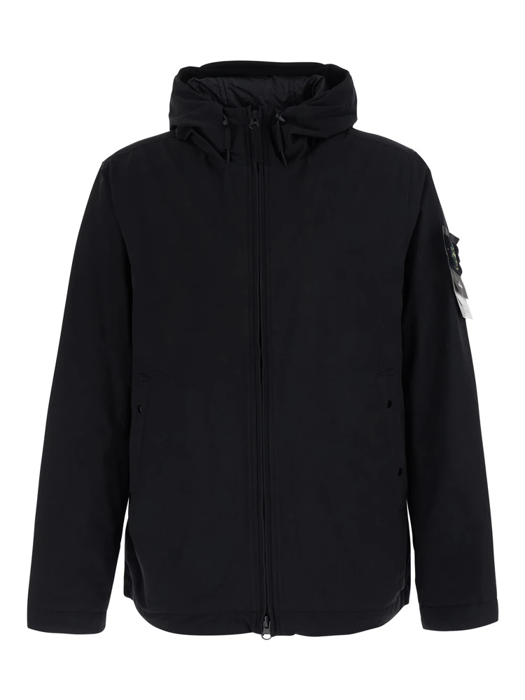 Black Jacket with hood and logo patch on the sleeve in Tech Fabric for men