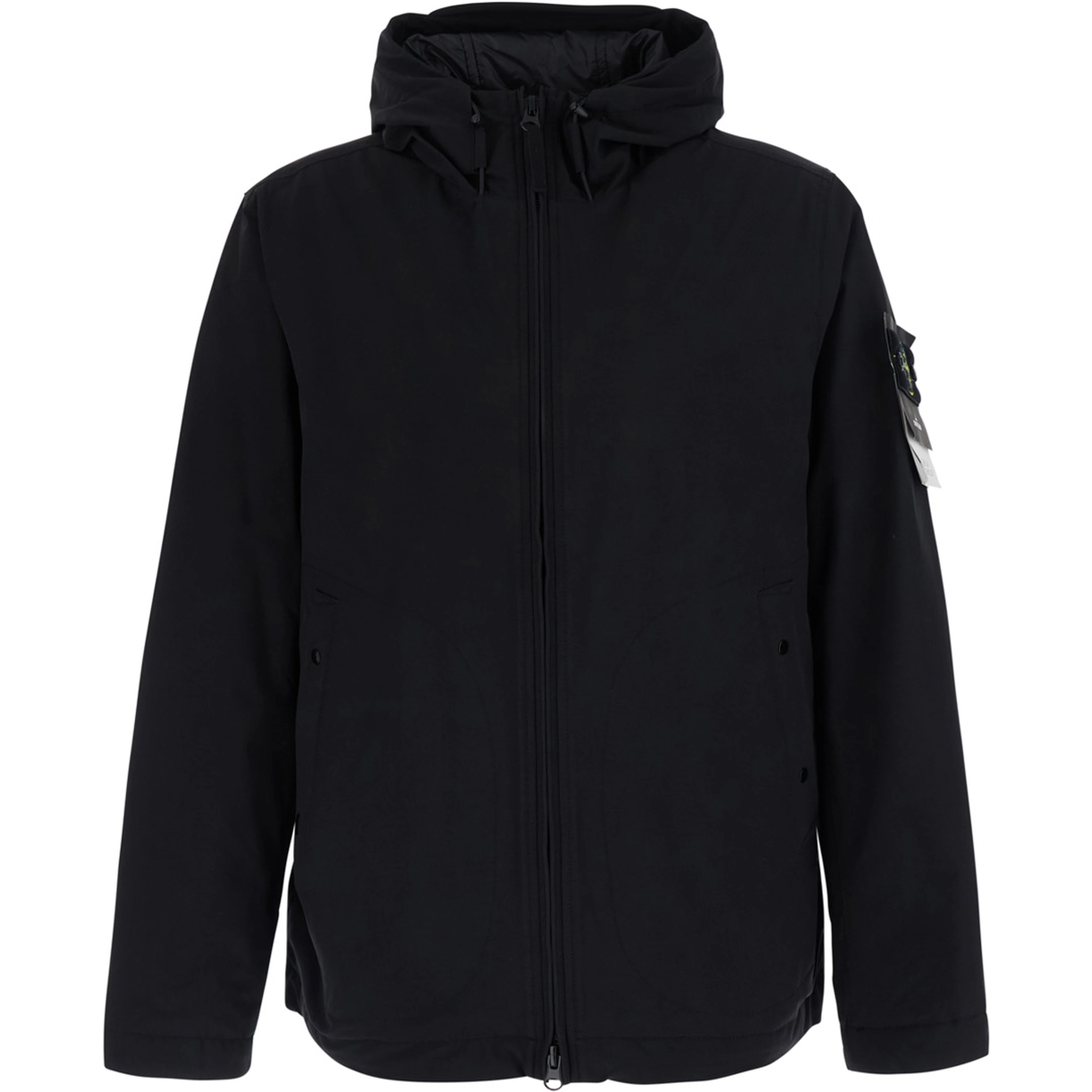 Black Jacket with hood and logo patch on the sleeve in Tech Fabric for men