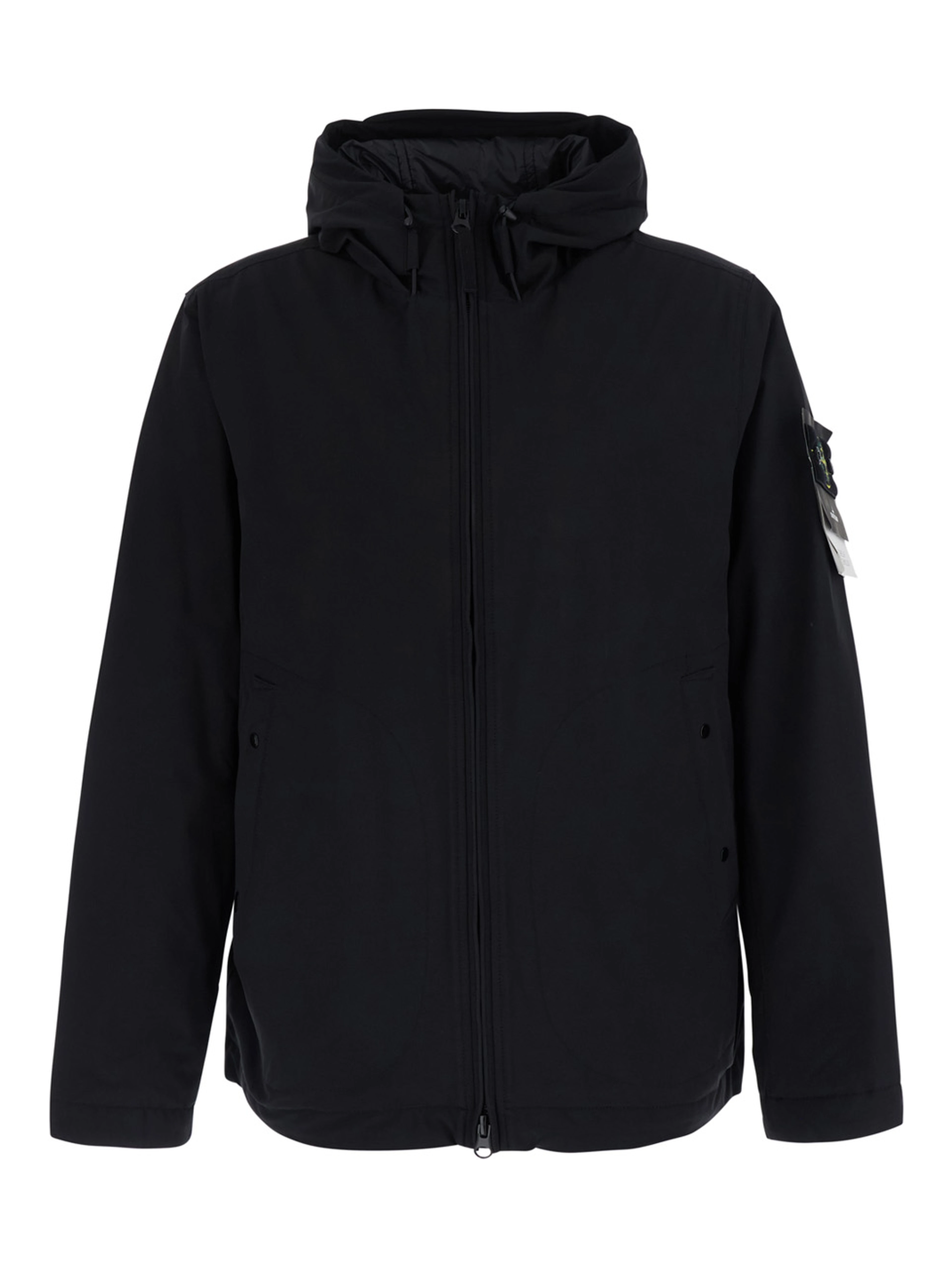 Black Jacket with hood and logo patch on the sleeve in Tech Fabric for men