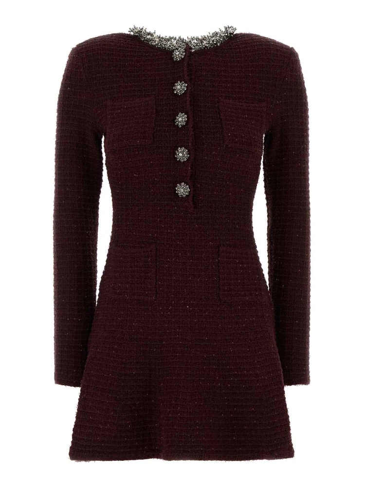 BURGUNDY TEXTURED KNIT EMBELLISHED MINI DRESS