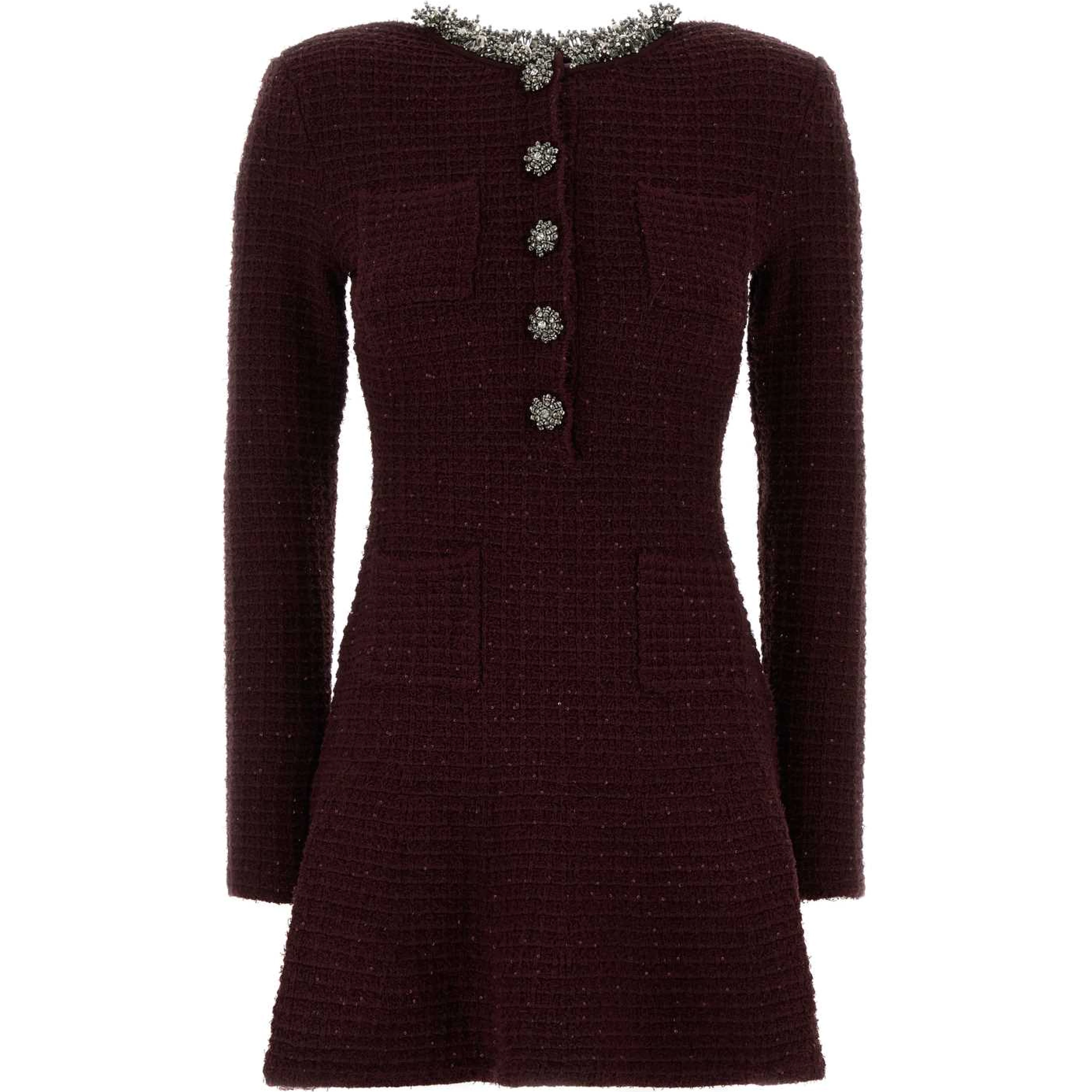 BURGUNDY TEXTURED KNIT EMBELLISHED MINI DRESS