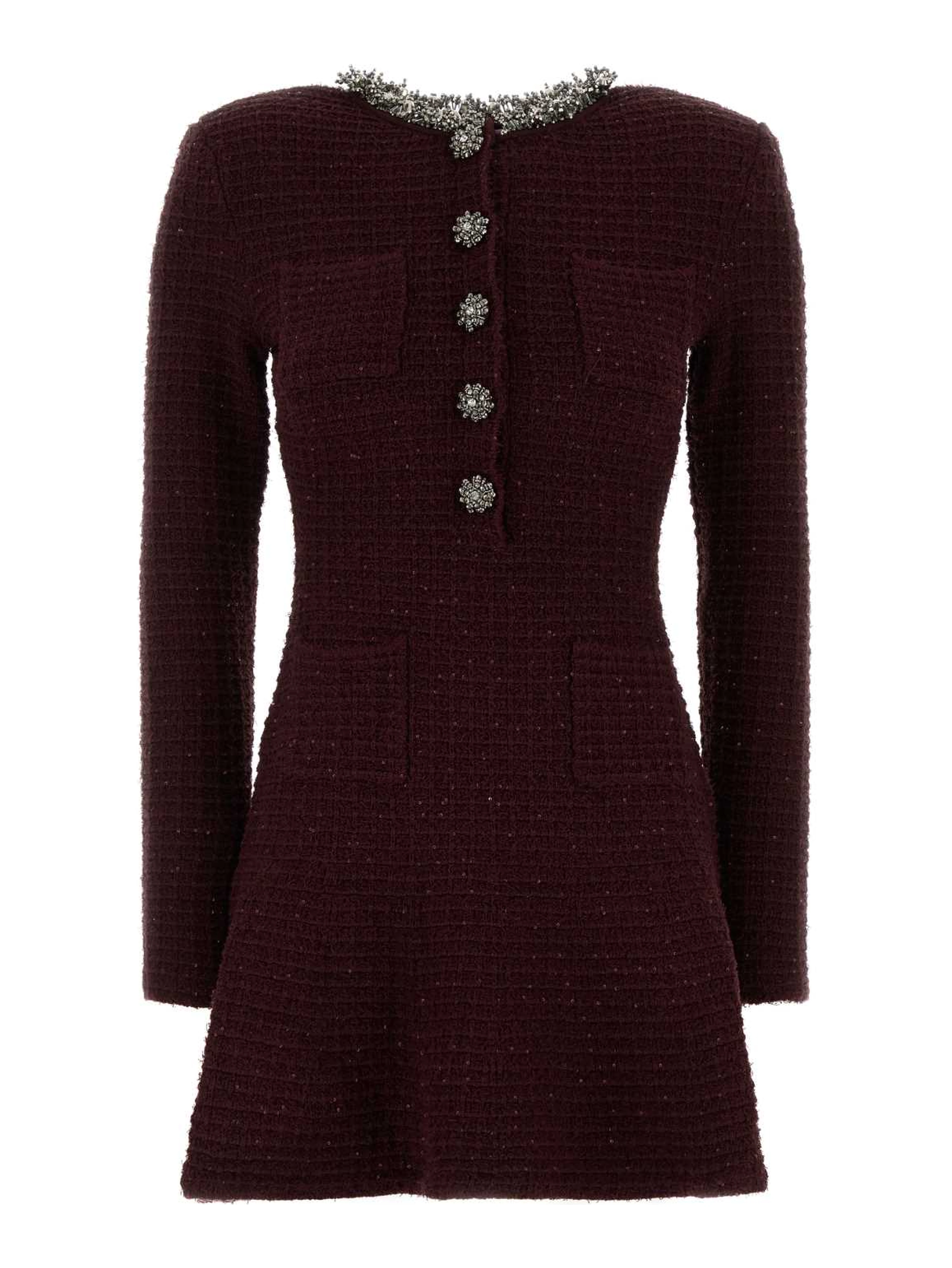 BURGUNDY TEXTURED KNIT EMBELLISHED MINI DRESS