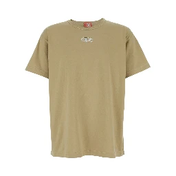 Beige Crew Neck T-Shirt with Front Logo in Cotton Man