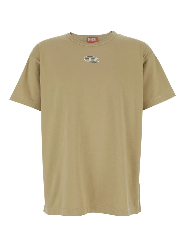 Beige Crew Neck T-Shirt with Front Logo in Cotton Man