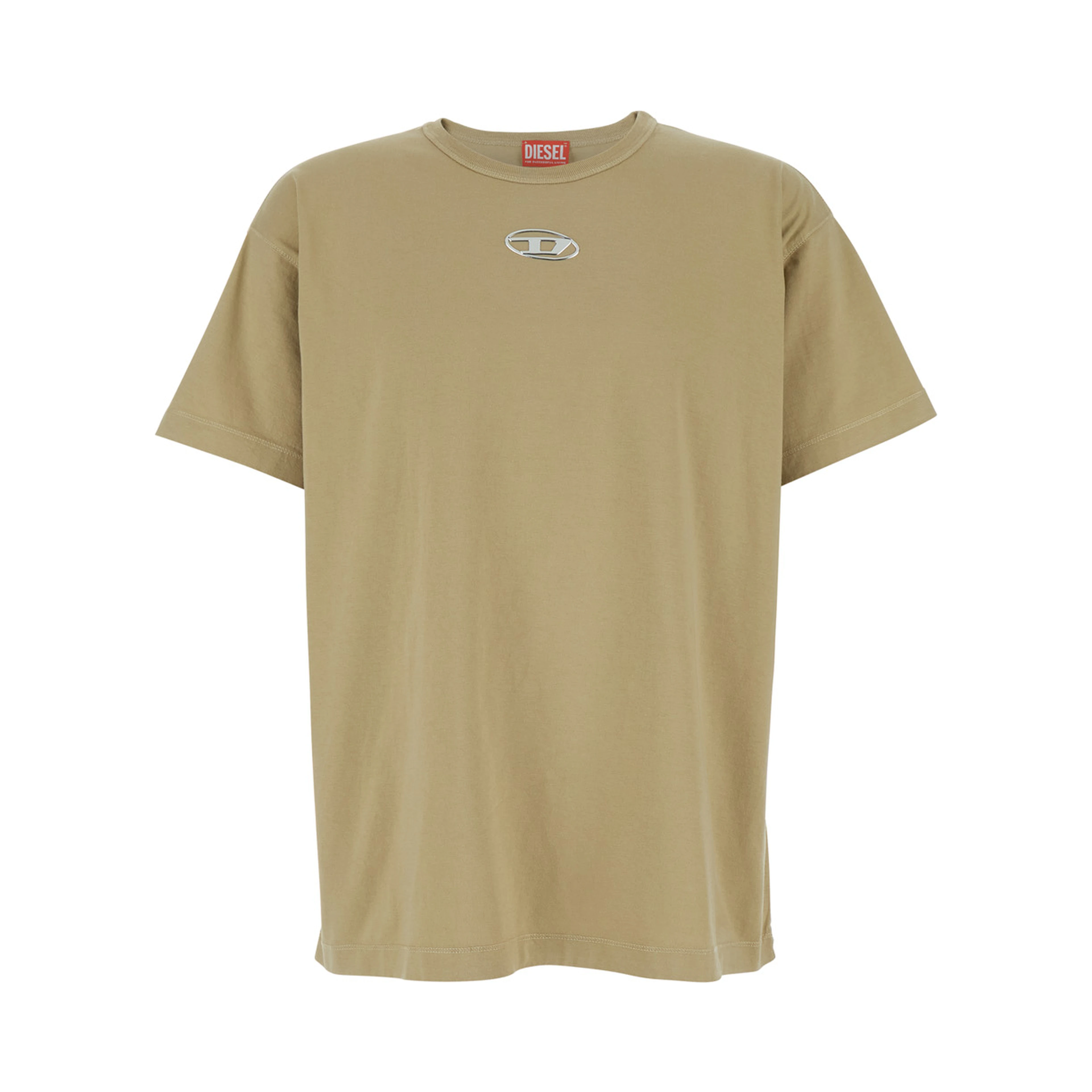 Beige Crew Neck T-Shirt with Front Logo in Cotton Man