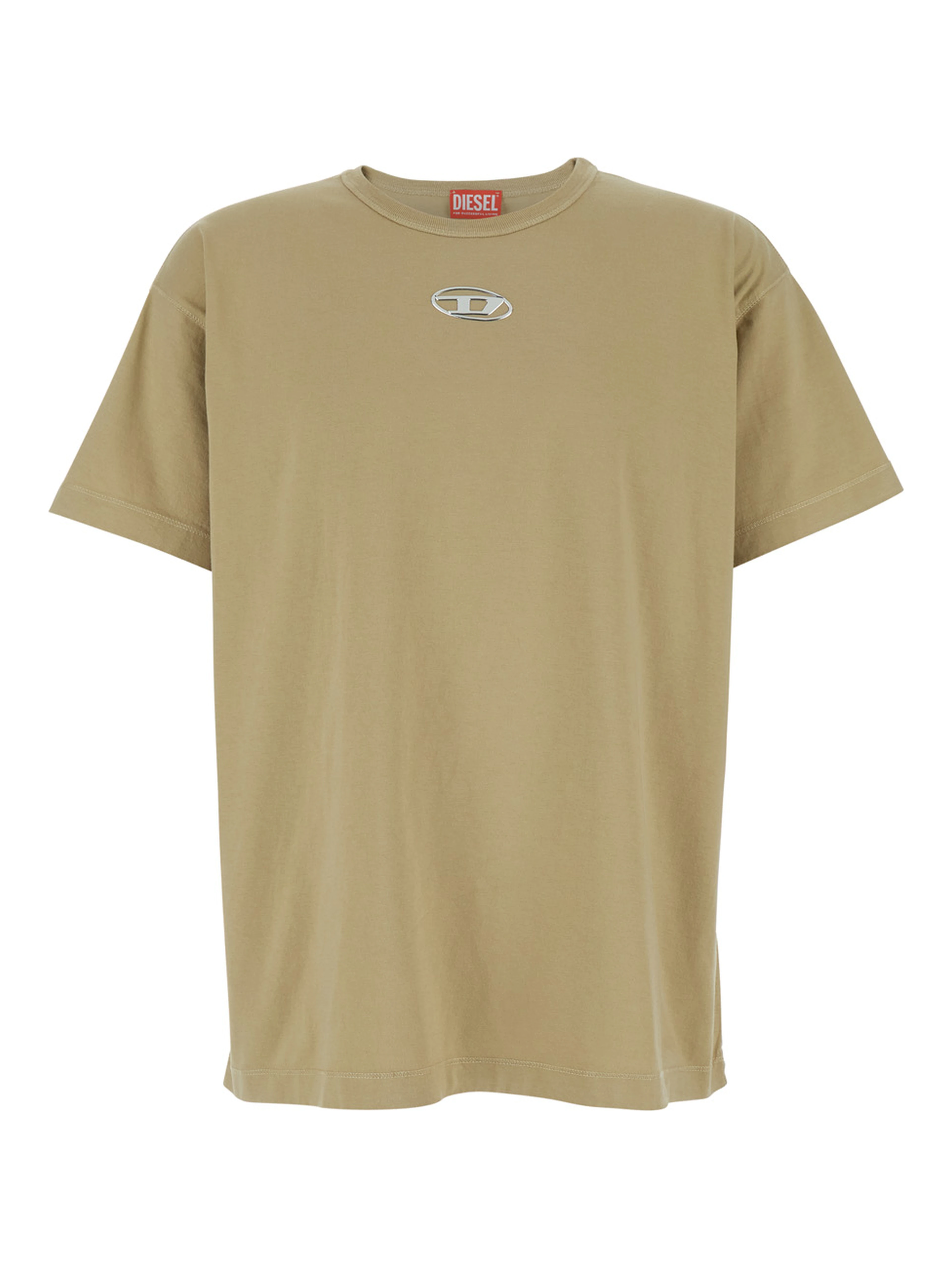 Beige Crew Neck T-Shirt with Front Logo in Cotton Man