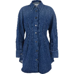 Blue Dress with Pointed Collar and Lightly Structured Waist in Denim Woman