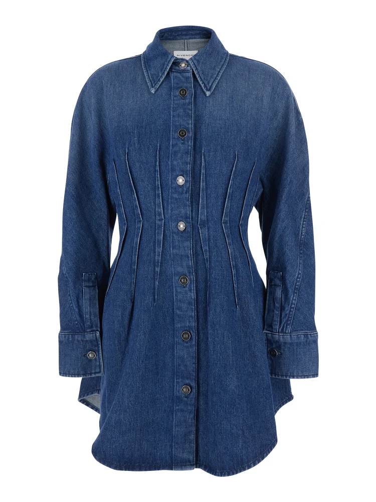 Blue Dress with Pointed Collar and Lightly Structured Waist in Denim Woman