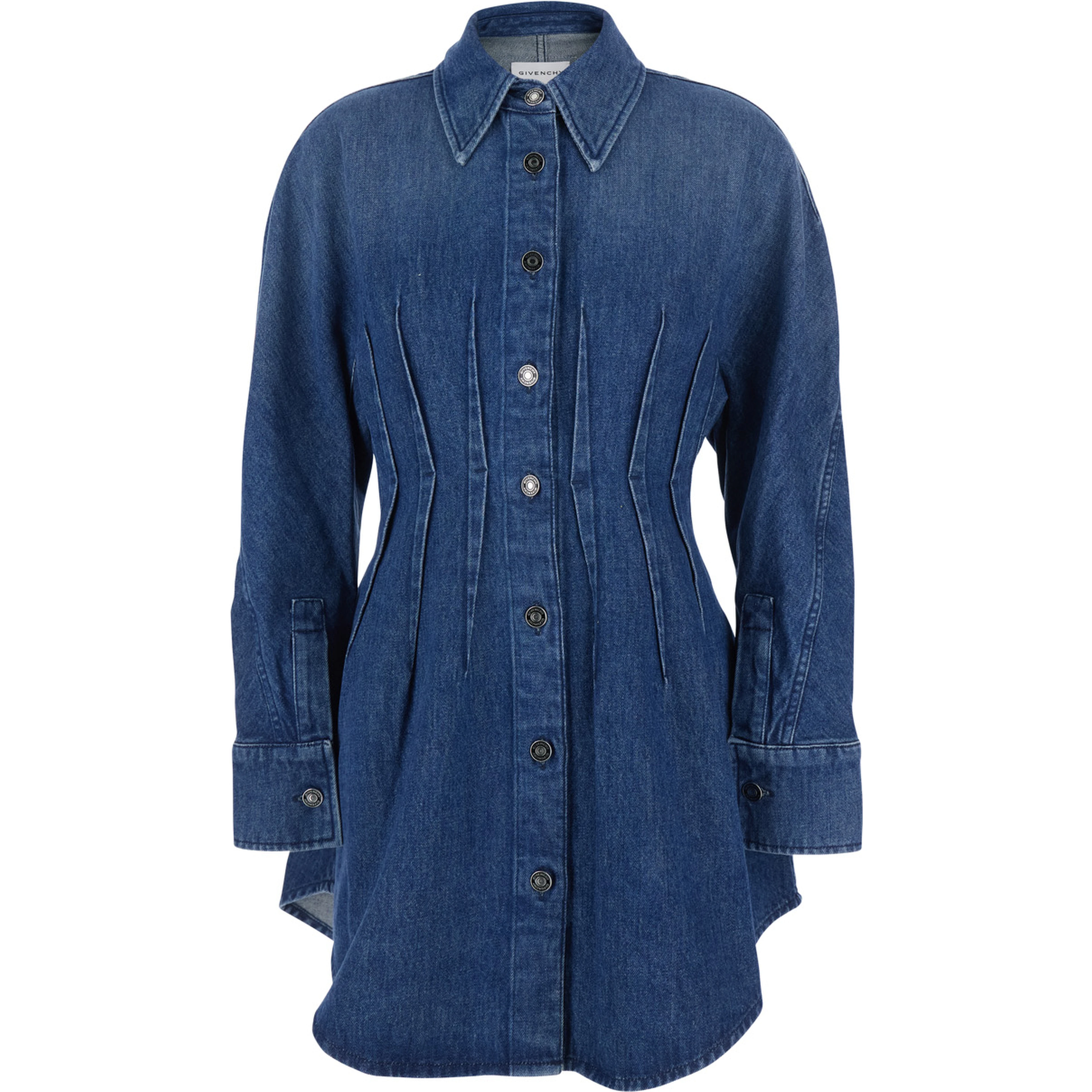 Blue Dress with Pointed Collar and Lightly Structured Waist in Denim Woman
