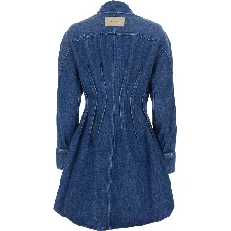 Blue Dress with Pointed Collar and Lightly Structured Waist in Denim Woman