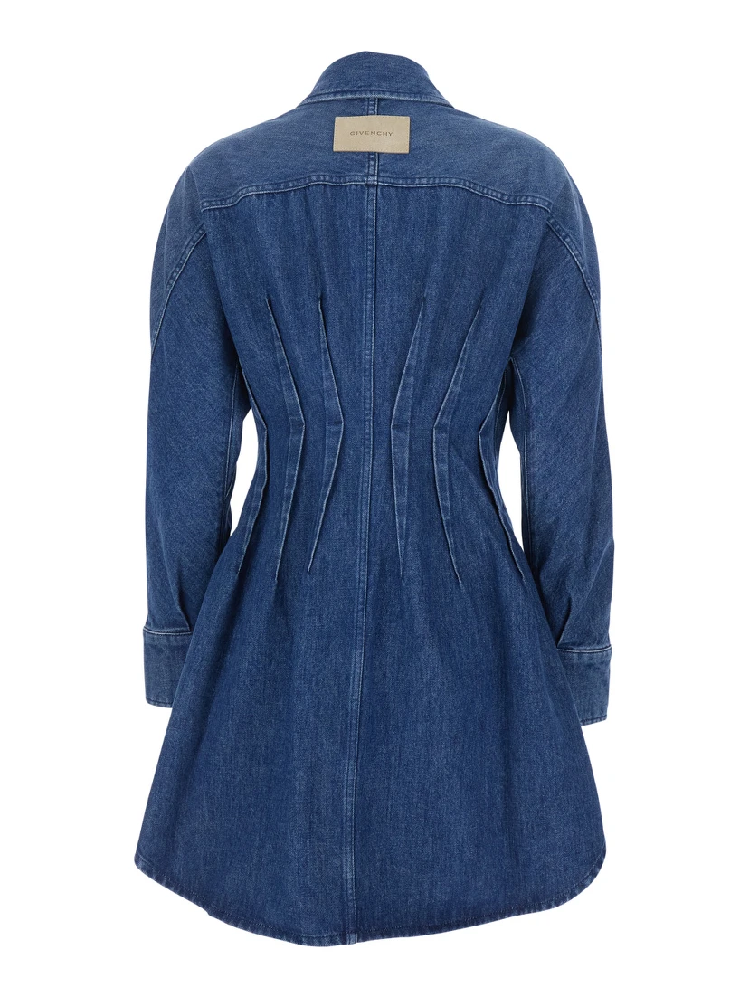 Blue Dress with Pointed Collar and Lightly Structured Waist in Denim Woman