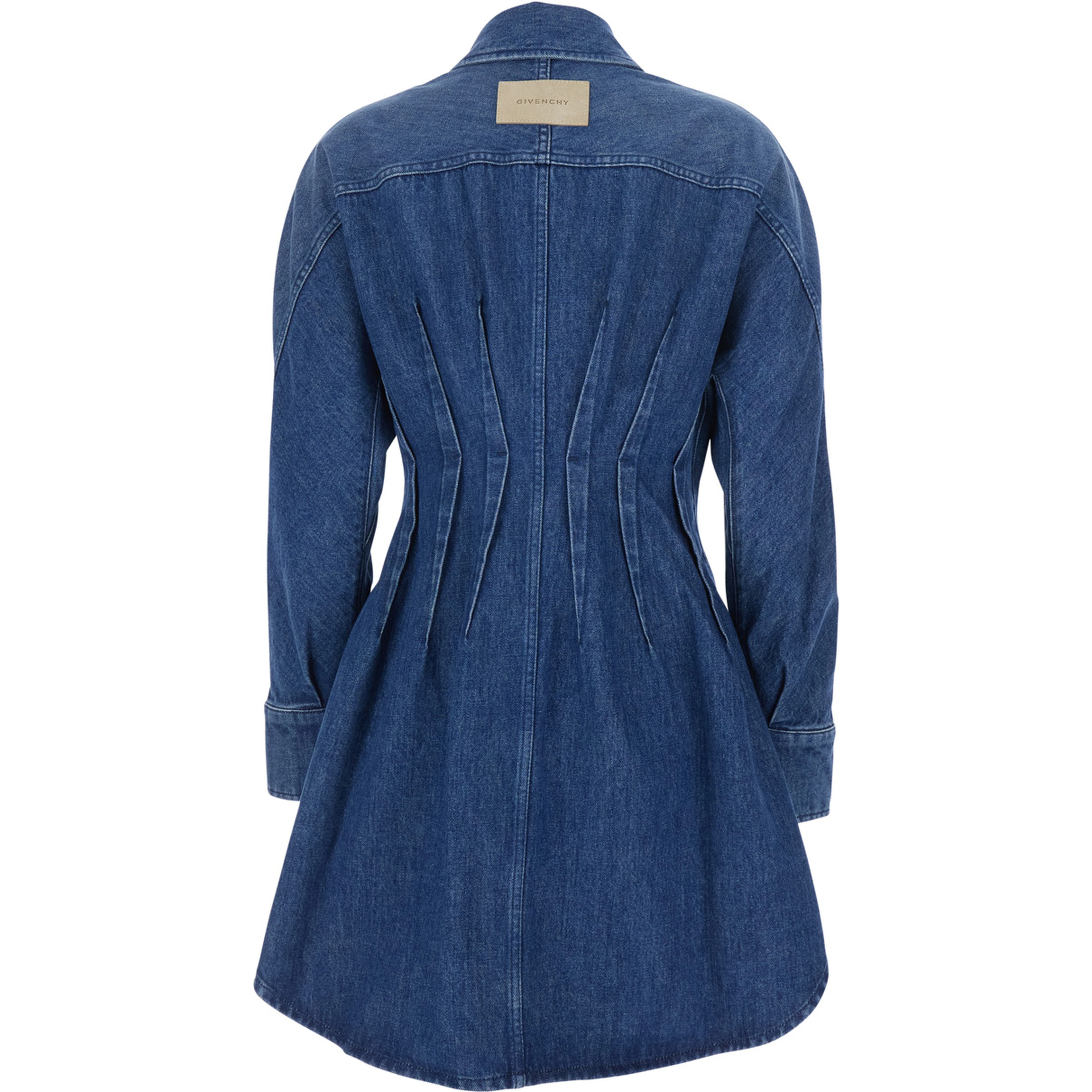 Blue Dress with Pointed Collar and Lightly Structured Waist in Denim Woman