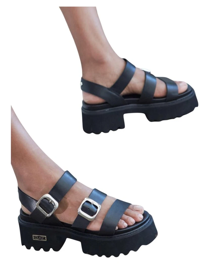 صندل أسود من الجلد ذو نعل سميك