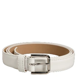 White Leather Silver Tone Metal Buckle Belt