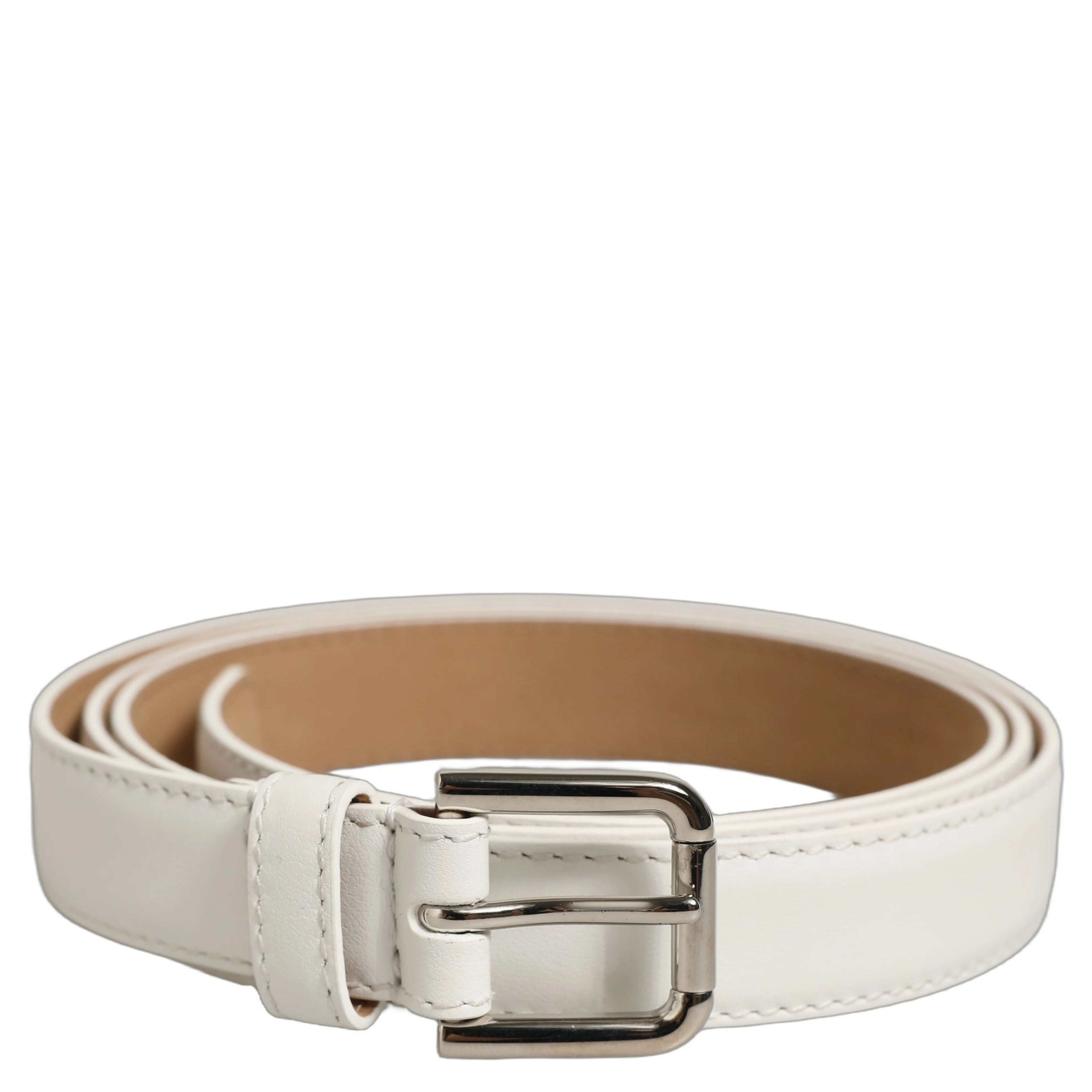 White Leather Silver Tone Metal Buckle Belt