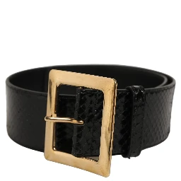 Black Exotic Leather Gold Metal Buckle Belt