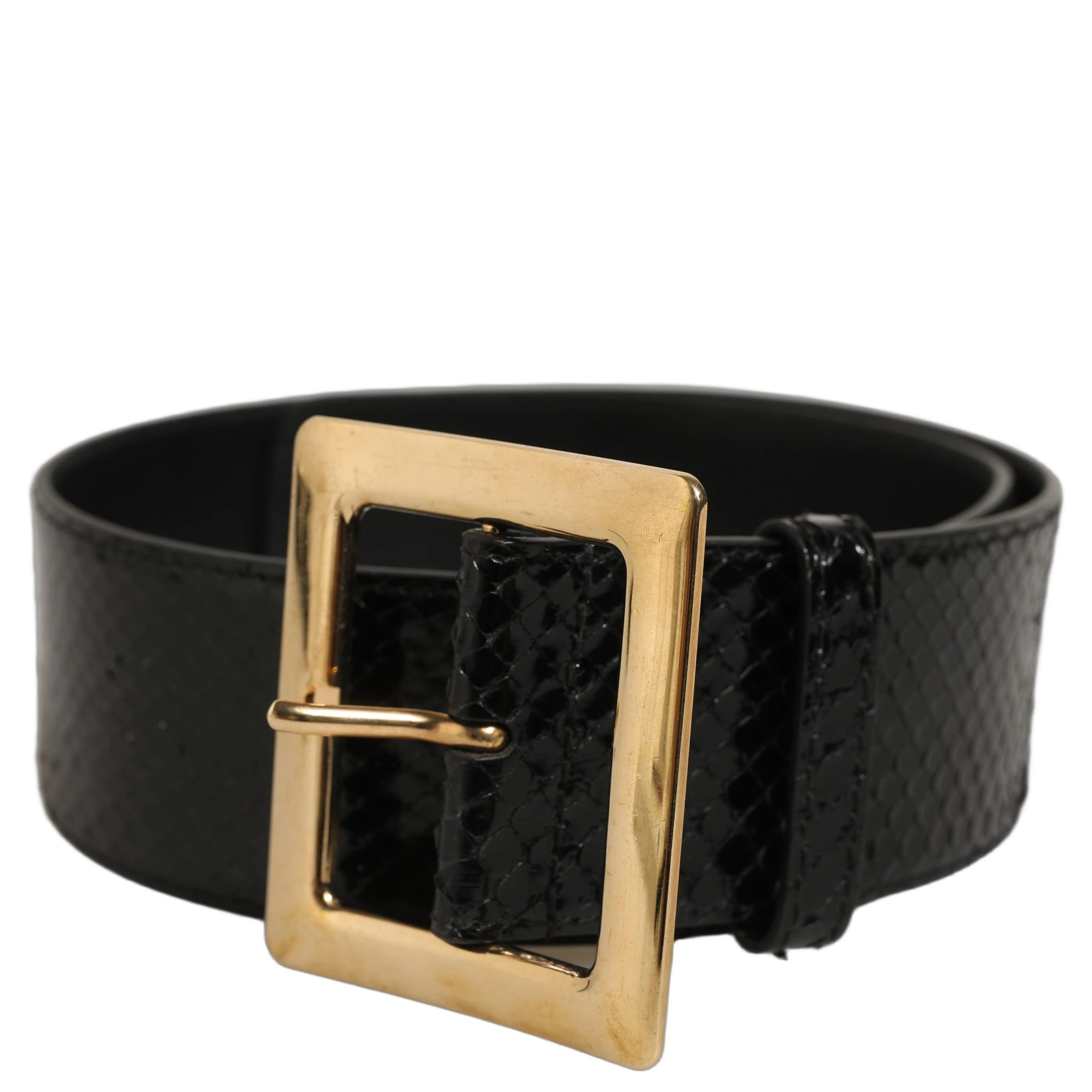 Black Exotic Leather Gold Metal Buckle Belt