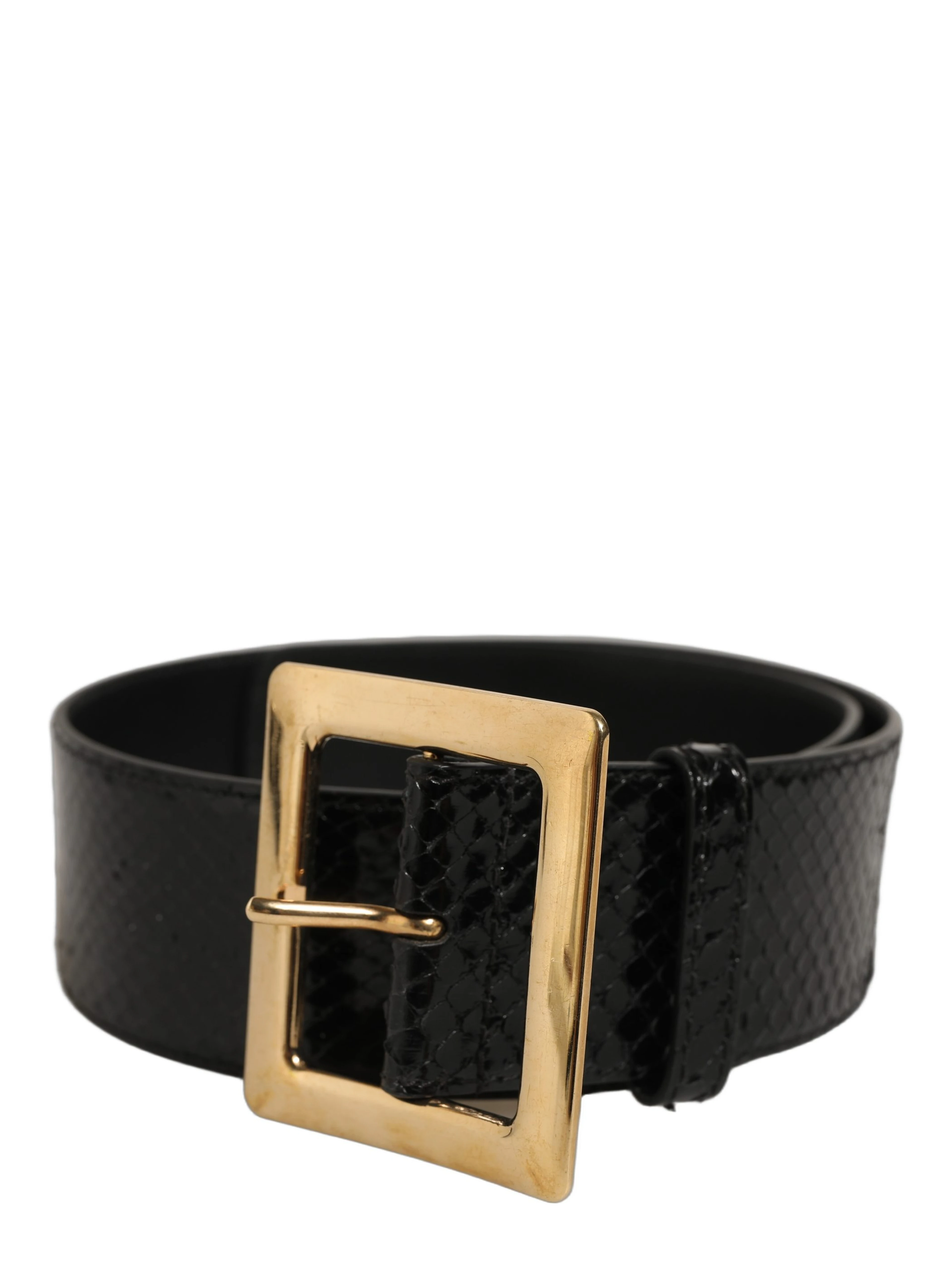 Black Exotic Leather Gold Metal Buckle Belt