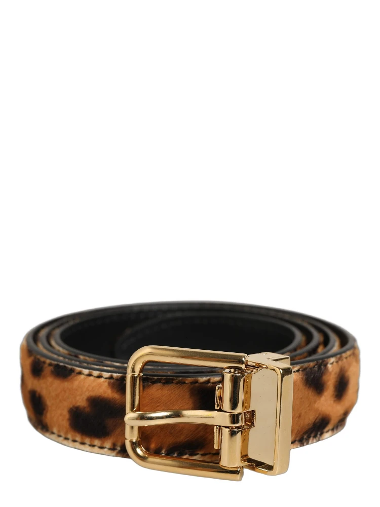 Brown Leopard Calf Hair Gold Tone Buckle Belt