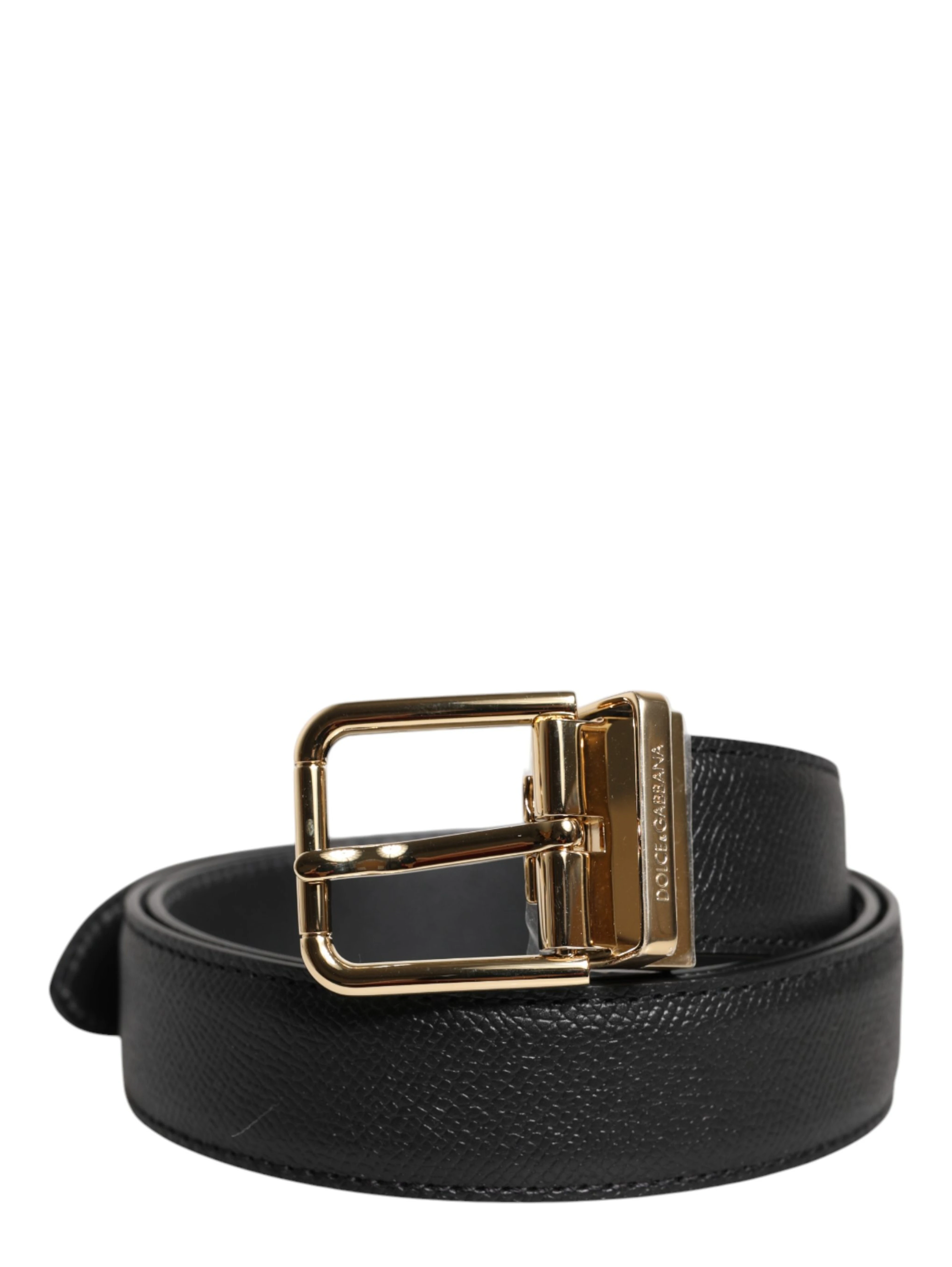 Black Grained Leather Gold Metal Buckle Belt