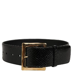 Black Exotic Leather Gold Metal Buckle Belt