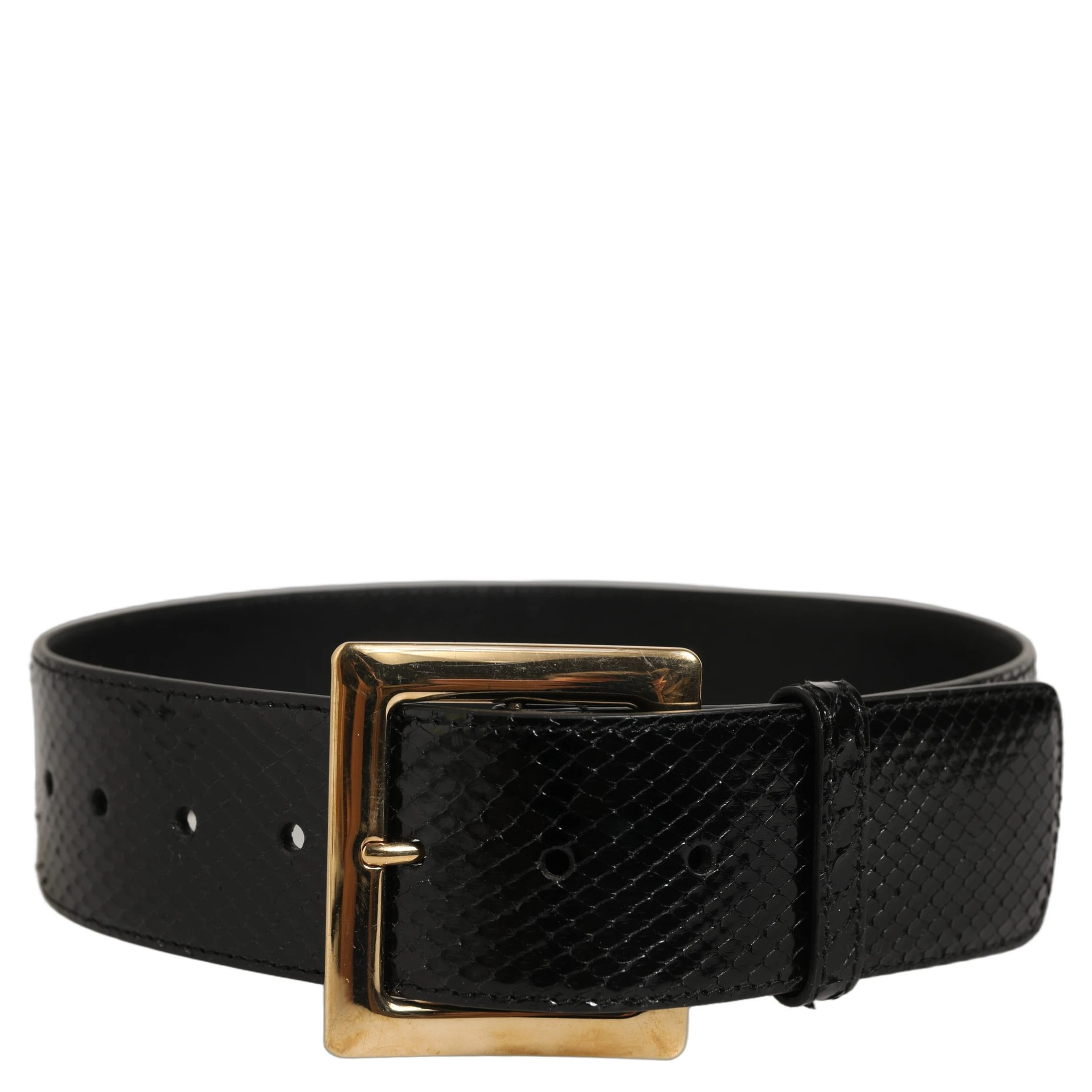 Black Exotic Leather Gold Metal Buckle Belt
