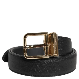 Black Grained Leather Gold Metal Buckle Belt