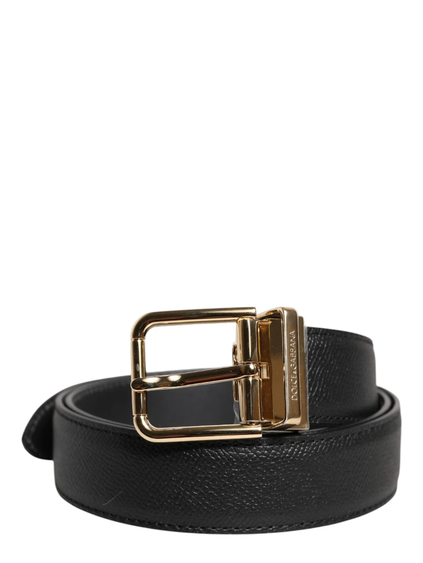 Black Grained Leather Gold Metal Buckle Belt