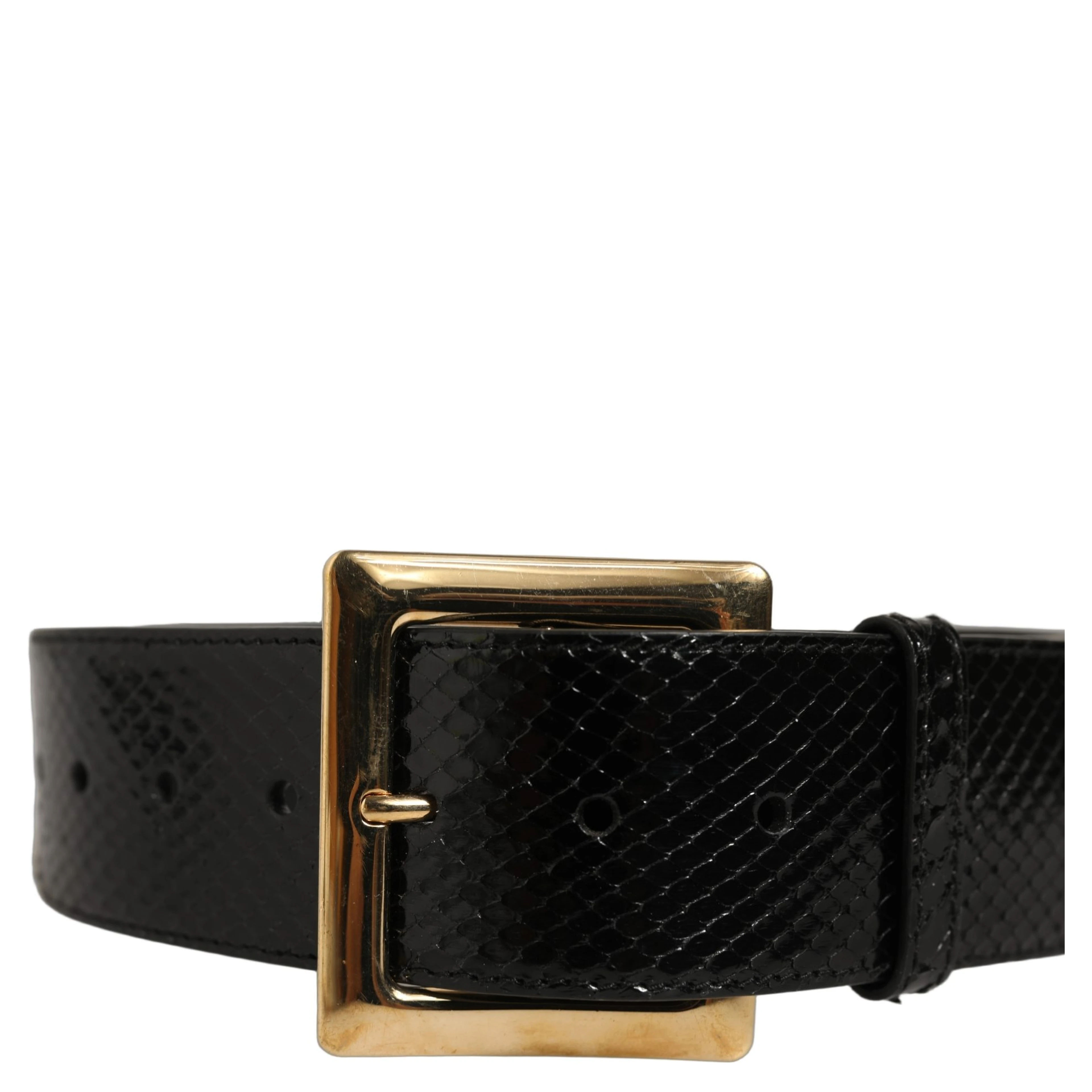 Black Exotic Leather Gold Metal Buckle Belt