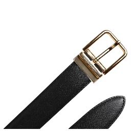 Black Grained Leather Gold Metal Buckle Belt