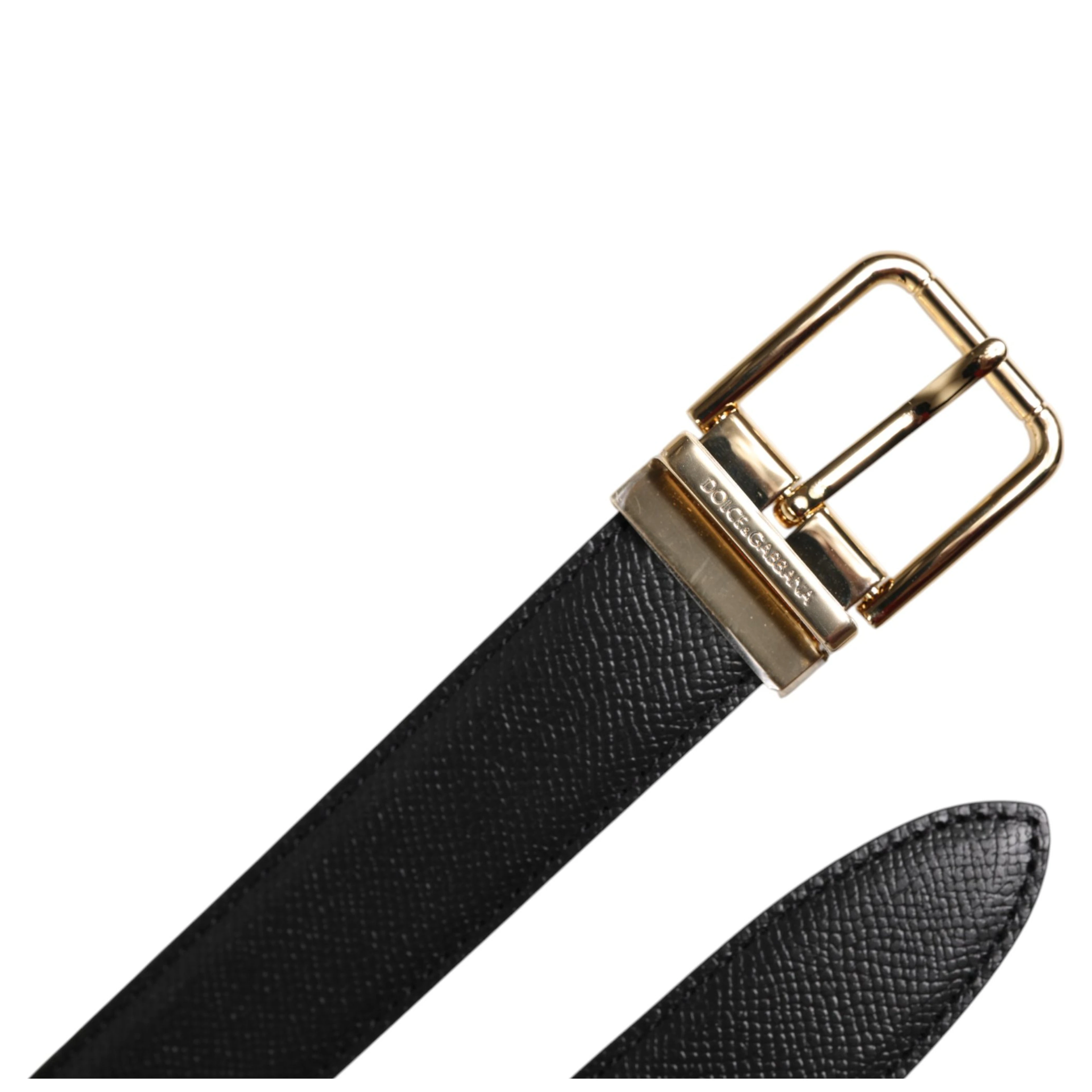 Black Grained Leather Gold Metal Buckle Belt