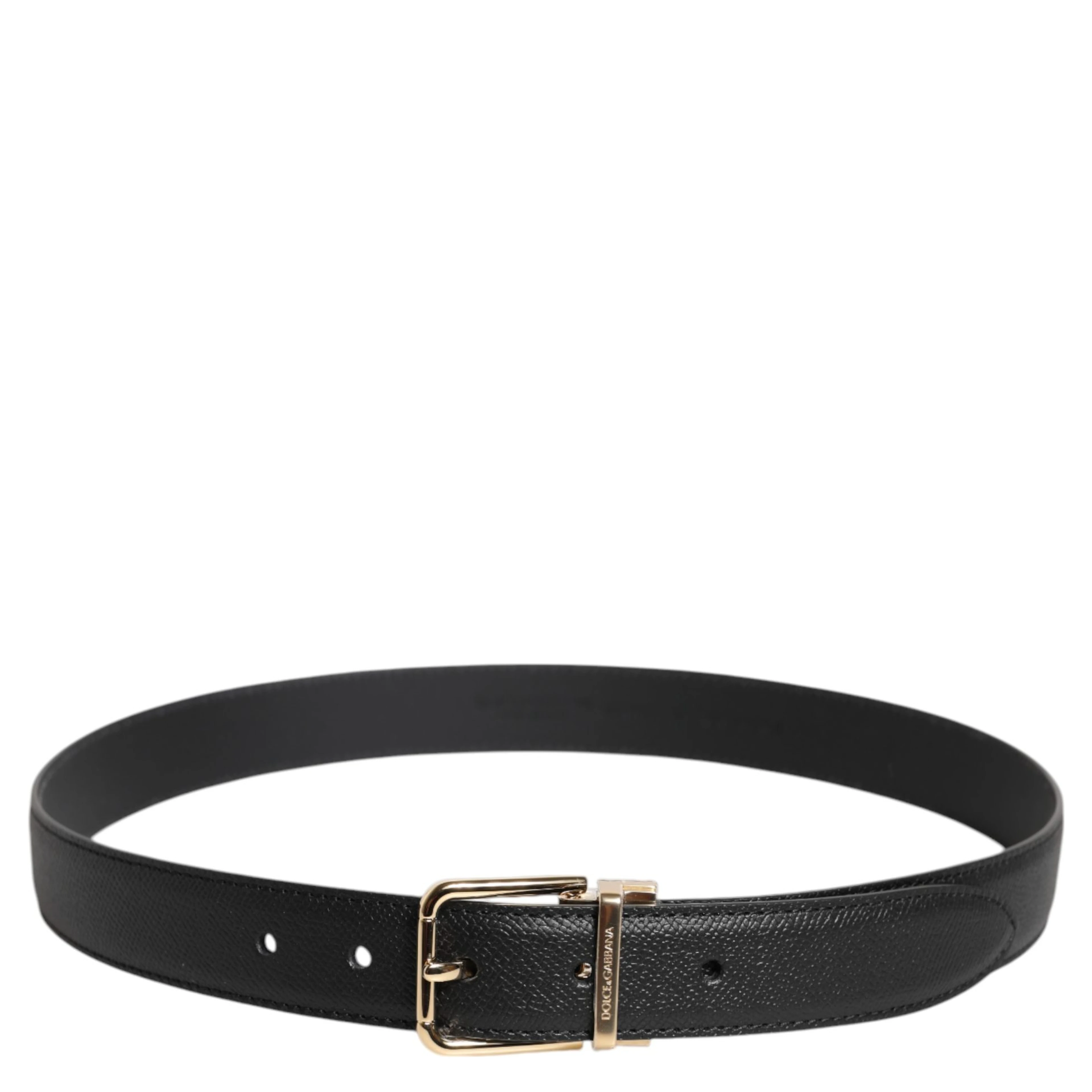 Black Grained Leather Gold Metal Buckle Belt