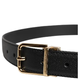 Black Grained Leather Gold Metal Buckle Belt