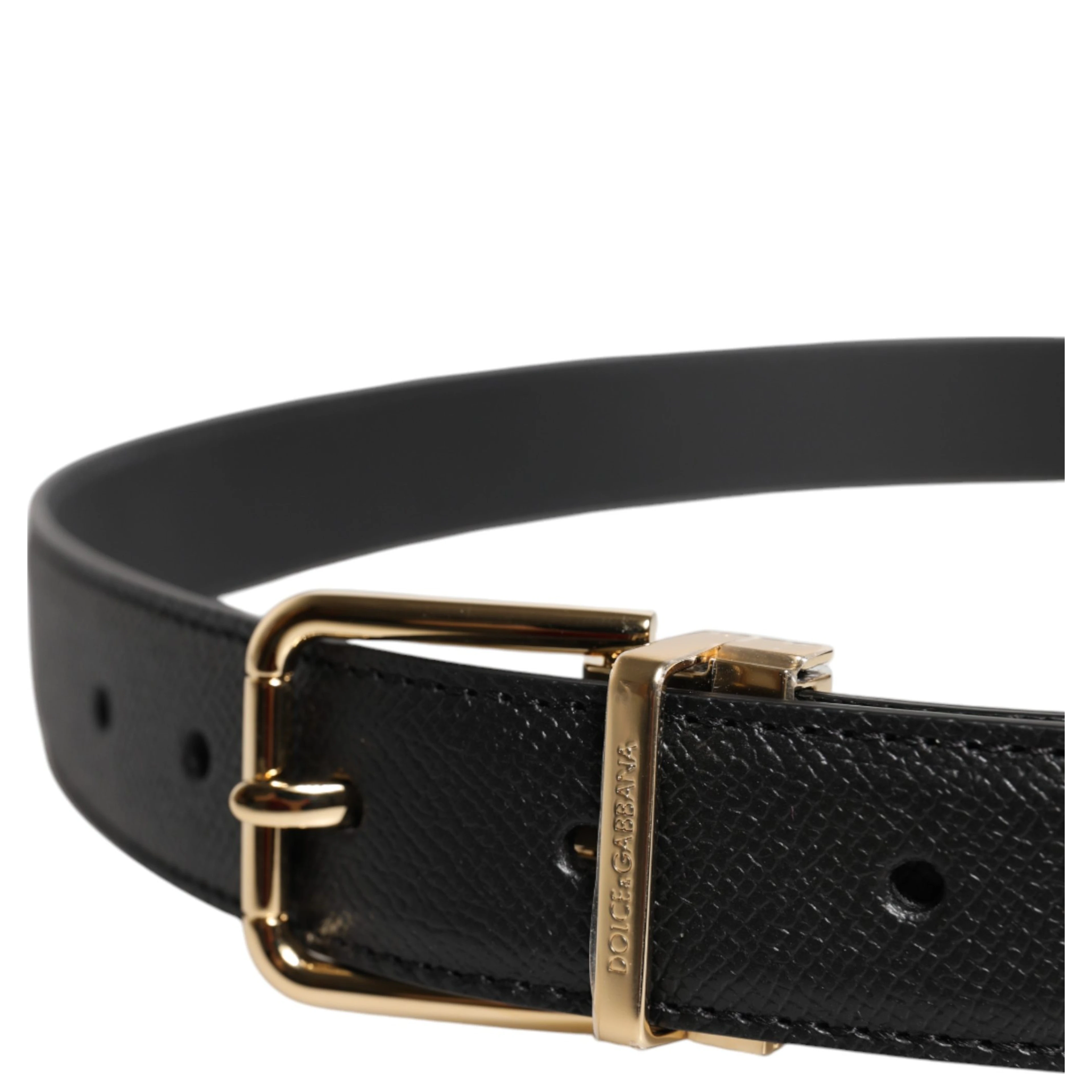 Black Grained Leather Gold Metal Buckle Belt