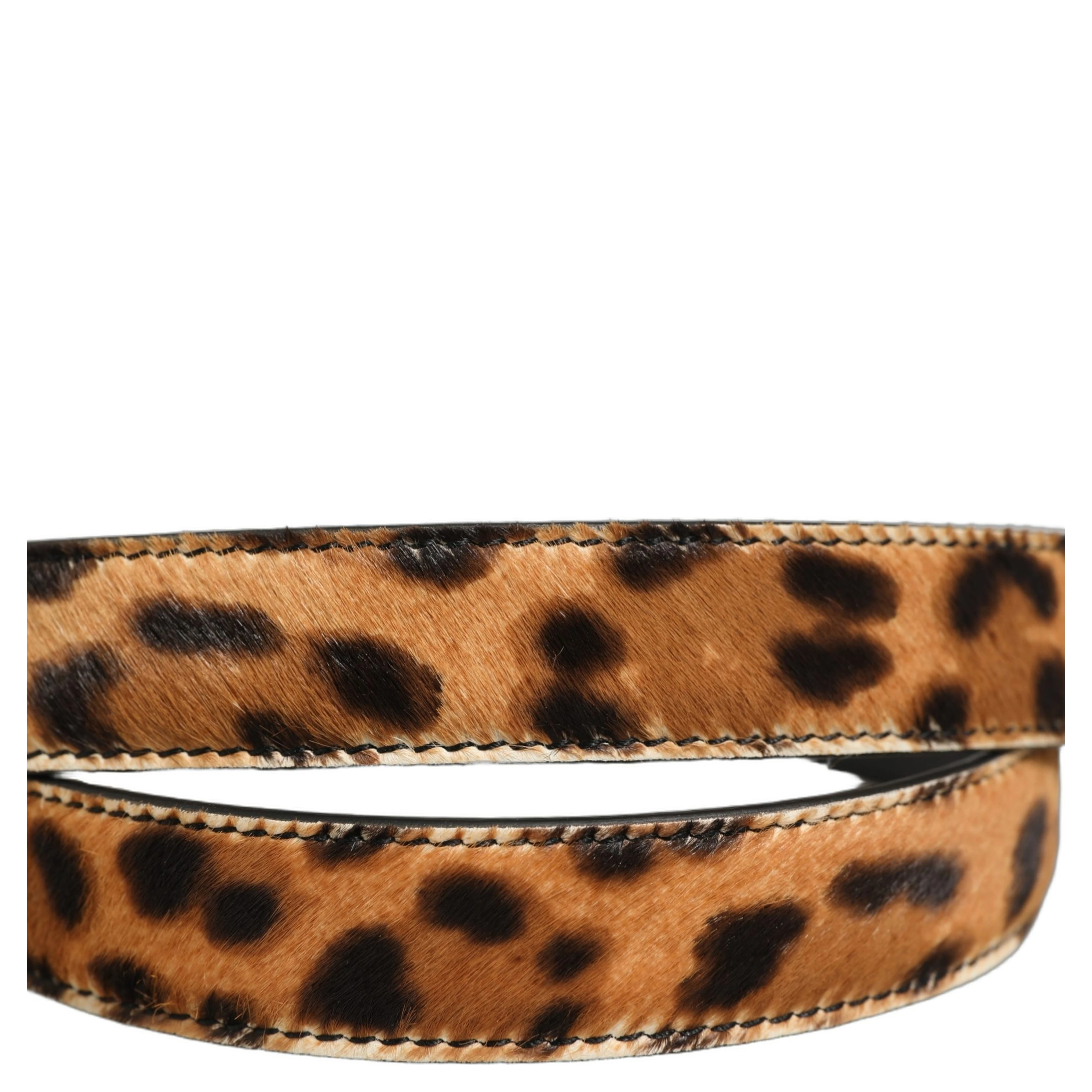 Brown Leopard Calf Hair Gold Tone Buckle Belt