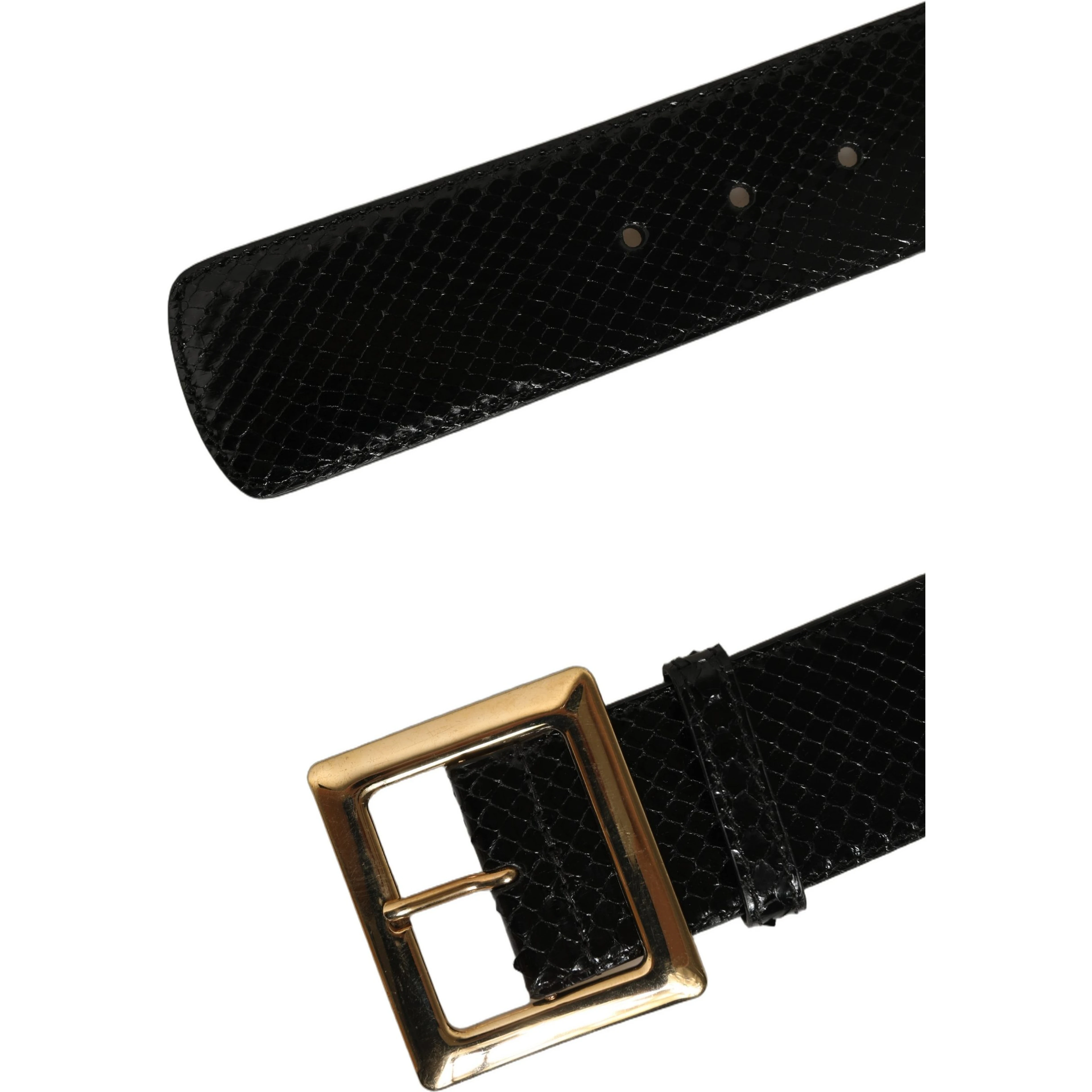 Black Exotic Leather Gold Metal Buckle Belt