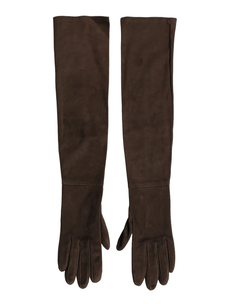 Brown Genuine Leather Suede Elbow Length Gloves