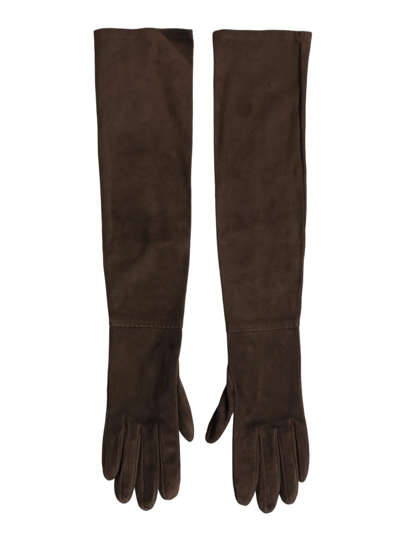 Brown Genuine Leather Suede Elbow Length Gloves